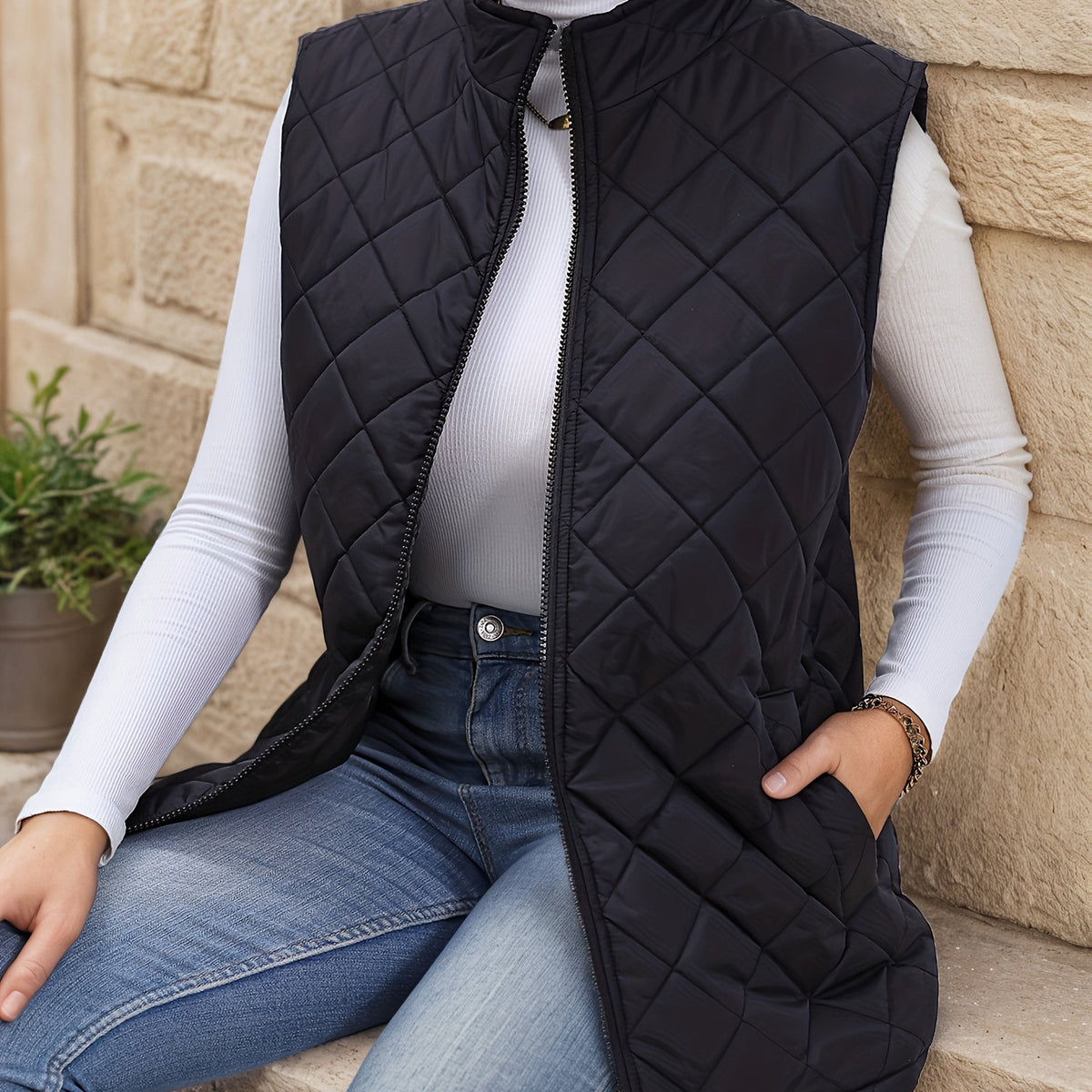 Lowri | Longline Quilted Zip-Up Gilet