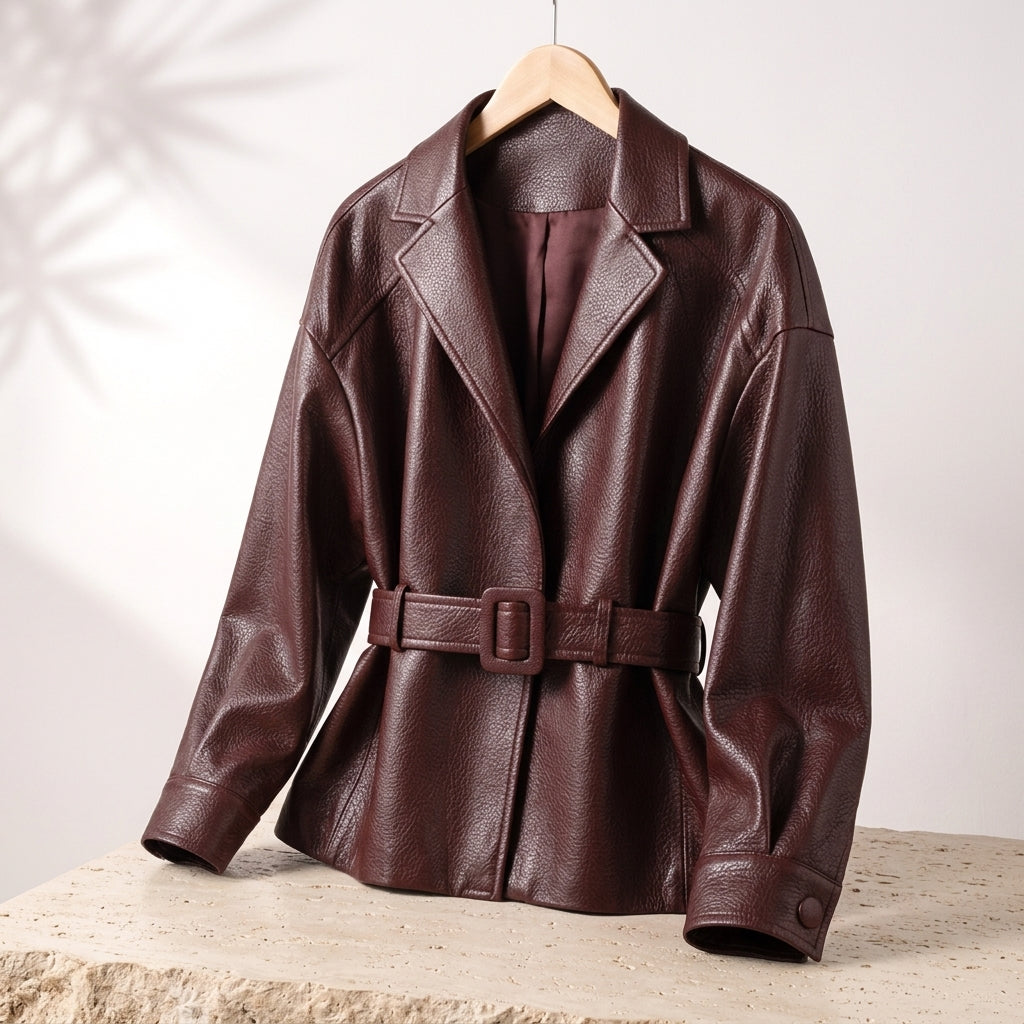 Lena | Belted Wide-Collar Faux Leather Jacket for Winter