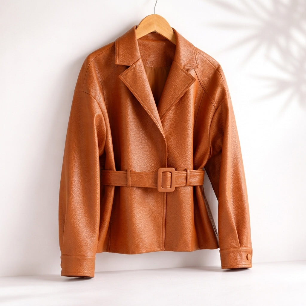 Lena | Belted Wide-Collar Faux Leather Jacket for Winter