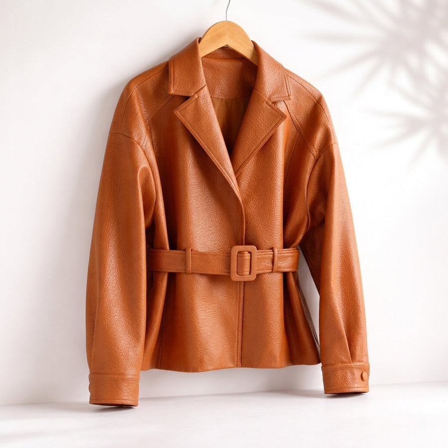 Lena | Belted Wide-Collar Faux Leather Jacket for Winter