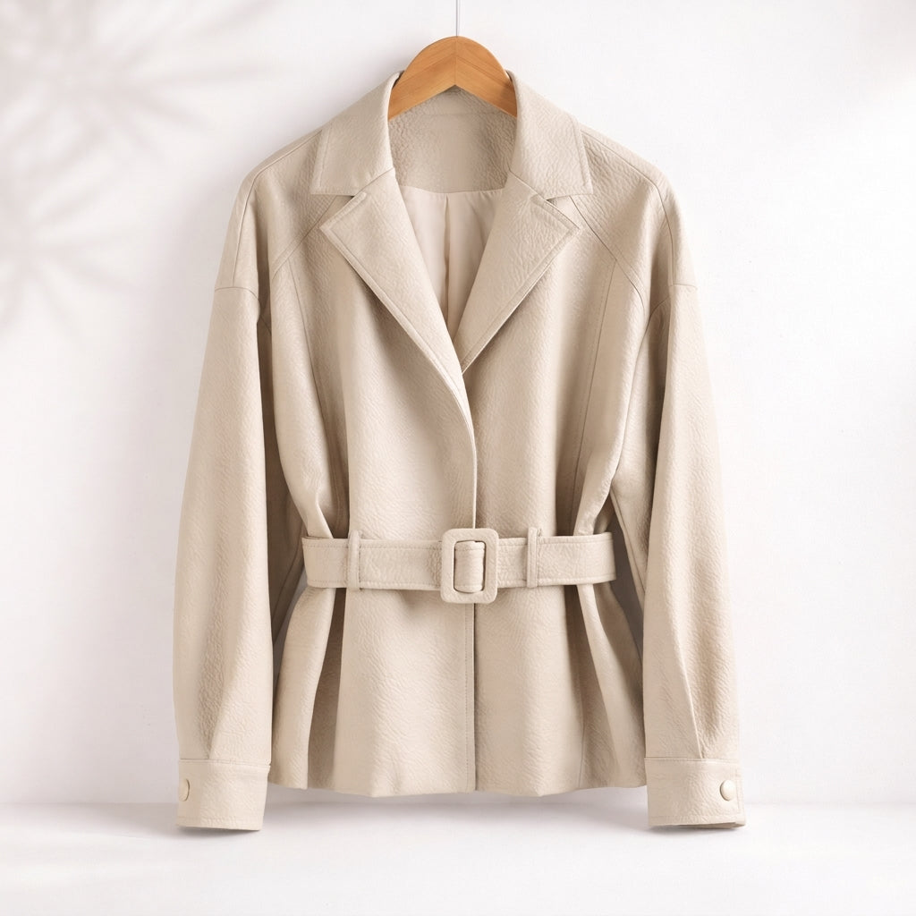 Lena | Belted Wide-Collar Faux Leather Jacket for Winter