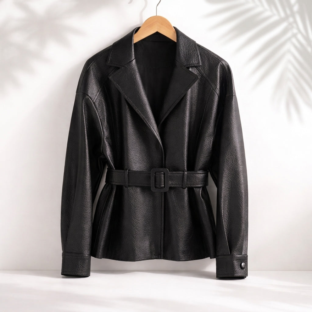 Lena | Belted Wide-Collar Faux Leather Jacket for Winter