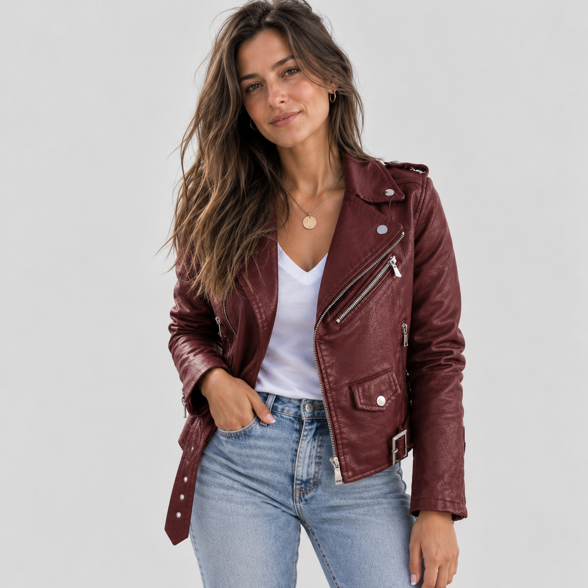 Kinsley | Asymmetric-Zip Belted Biker Faux Leather Jacket for Winter
