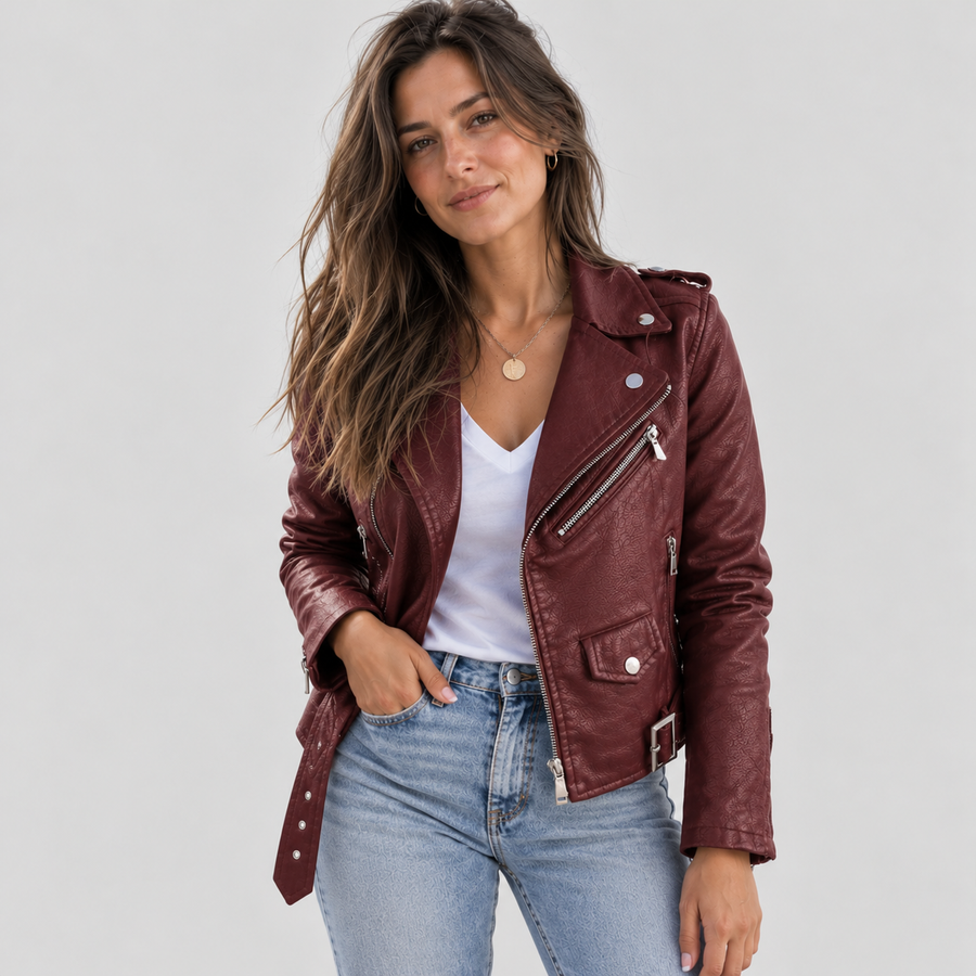 Kinsley | Asymmetric-Zip Belted Biker Faux Leather Jacket for Winter