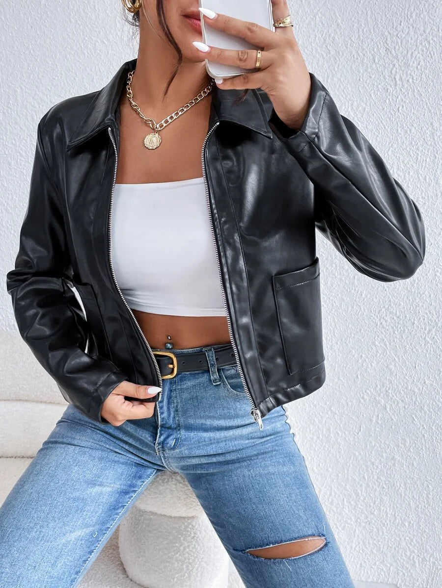 Giselle | Cropped Collared Faux Leather Jacket for Winter