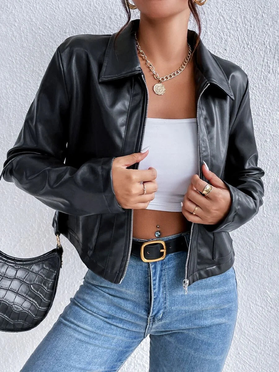 Giselle | Cropped Collared Faux Leather Jacket for Winter