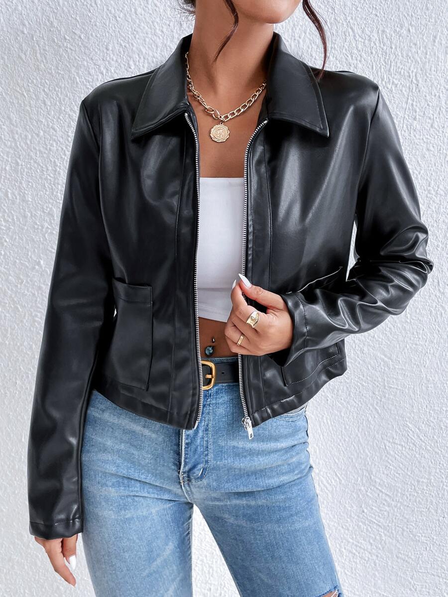 Giselle | Cropped Collared Faux Leather Jacket for Winter