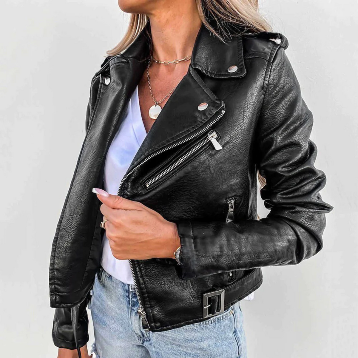 Kinsley | Asymmetric-Zip Belted Biker Faux Leather Jacket for Winter