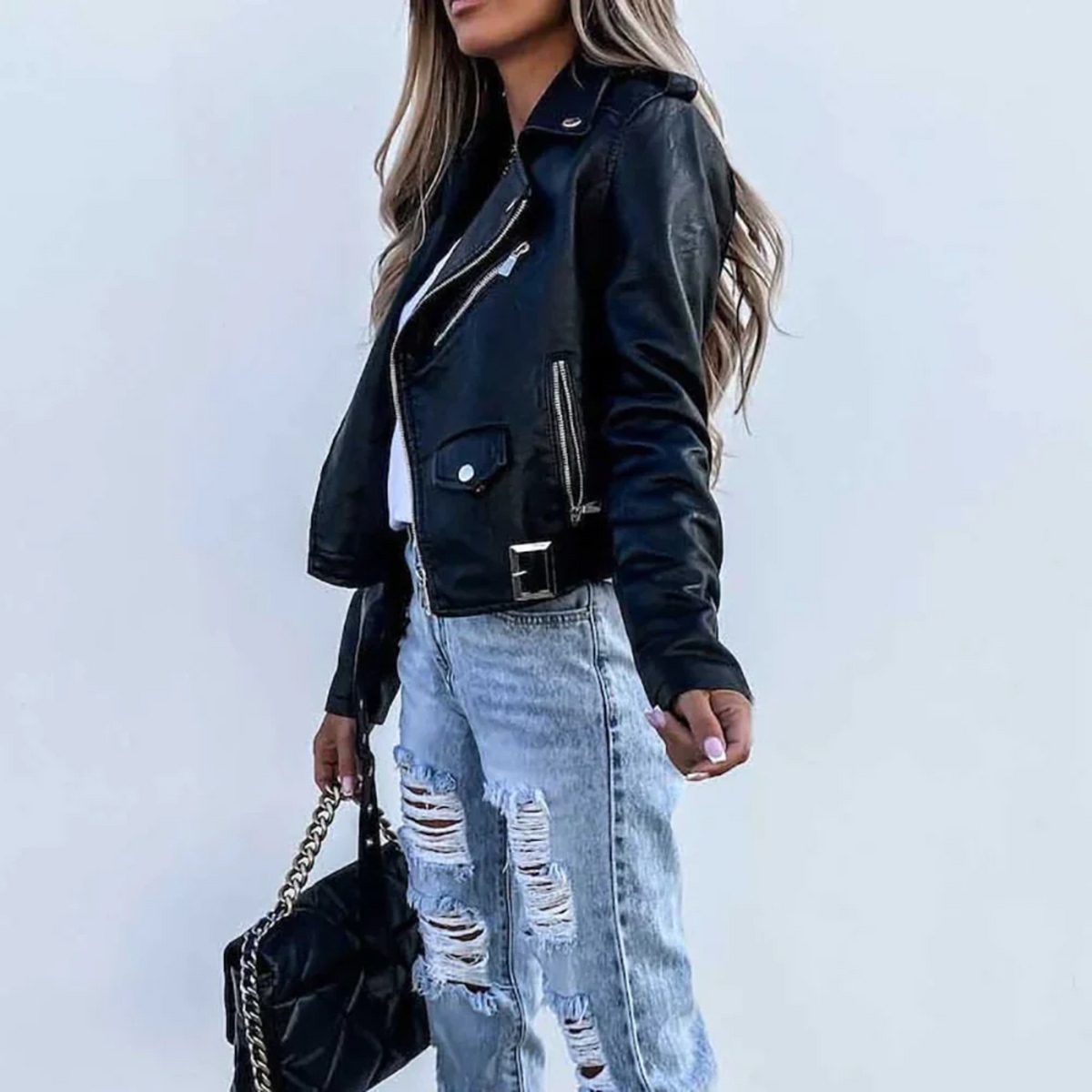 Kinsley | Asymmetric-Zip Belted Biker Faux Leather Jacket for Winter