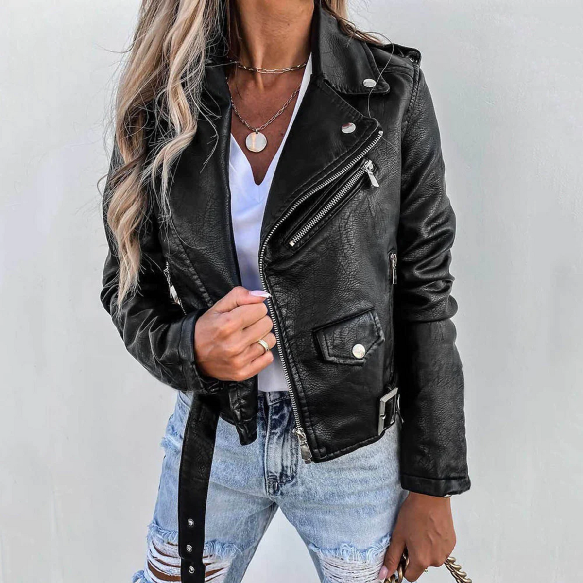 Kinsley | Asymmetric-Zip Belted Biker Faux Leather Jacket for Winter