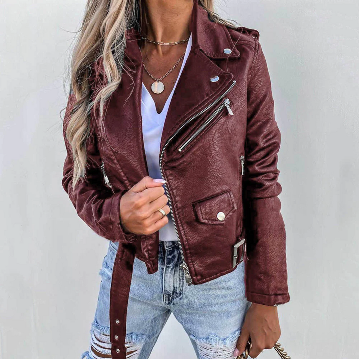 Kinsley | Asymmetric-Zip Belted Biker Faux Leather Jacket for Winter