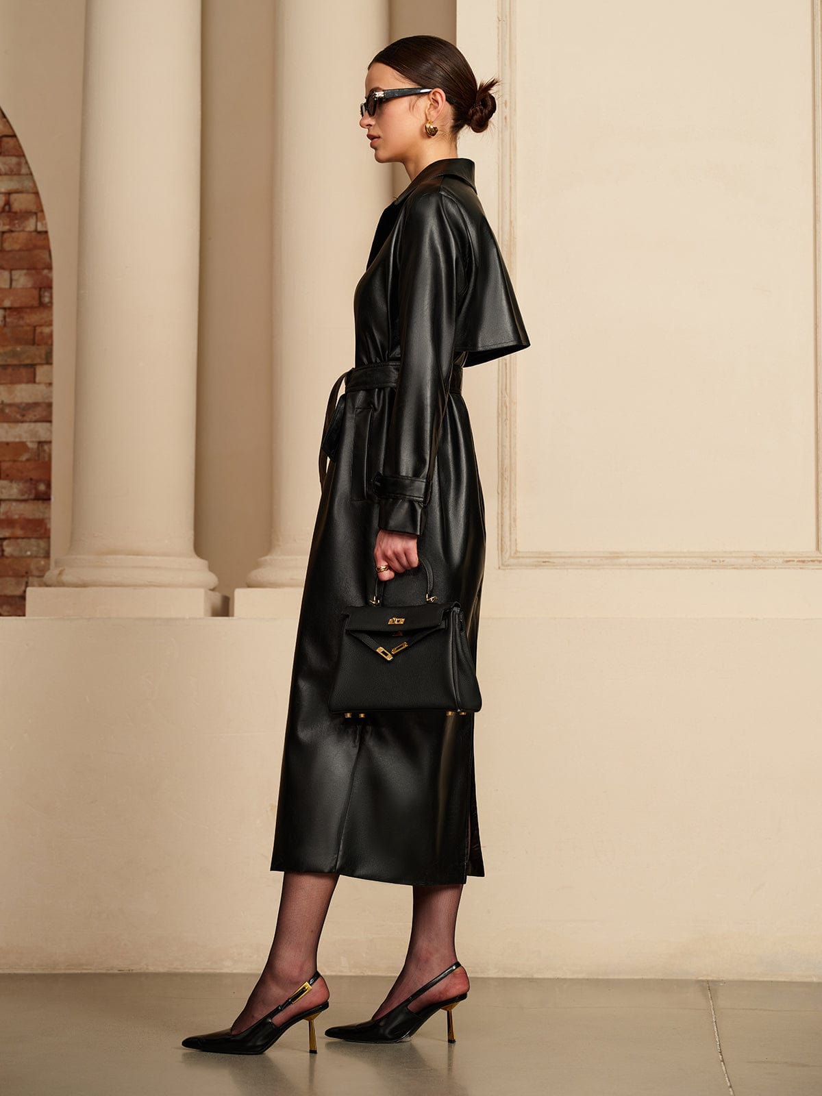 Marisela | Belted Button-Front Faux Leather Trench Coat for Winter