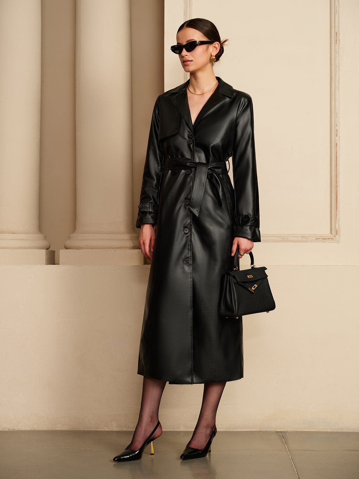 Marisela | Belted Button-Front Faux Leather Trench Coat for Winter
