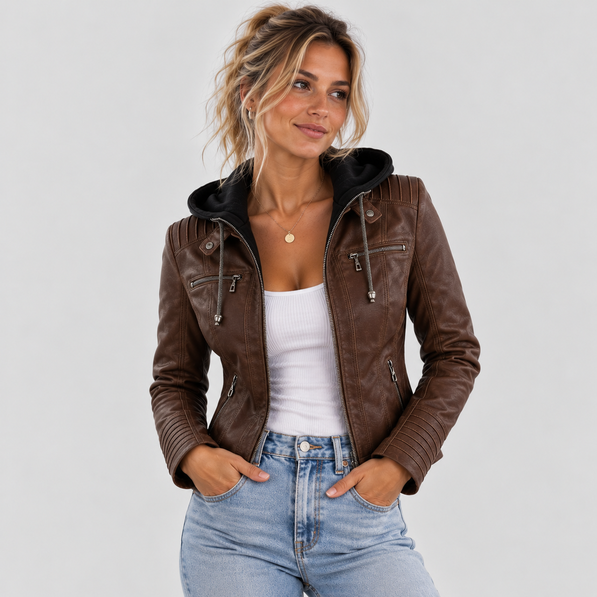 Harlow | Removable-Hood Biker Faux Leather Jacket for Winter