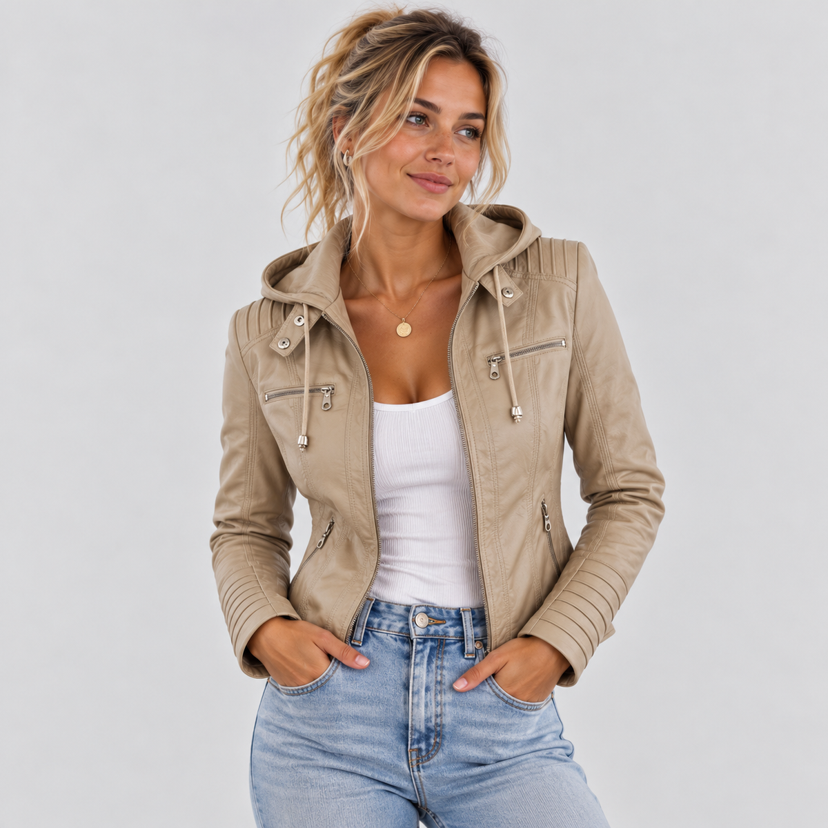 Harlow | Removable-Hood Biker Faux Leather Jacket for Winter