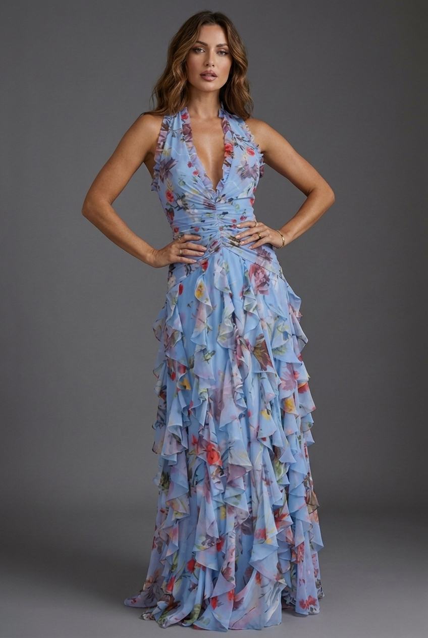 Katriel | Floral Halter Ruffle Women's Party Dress