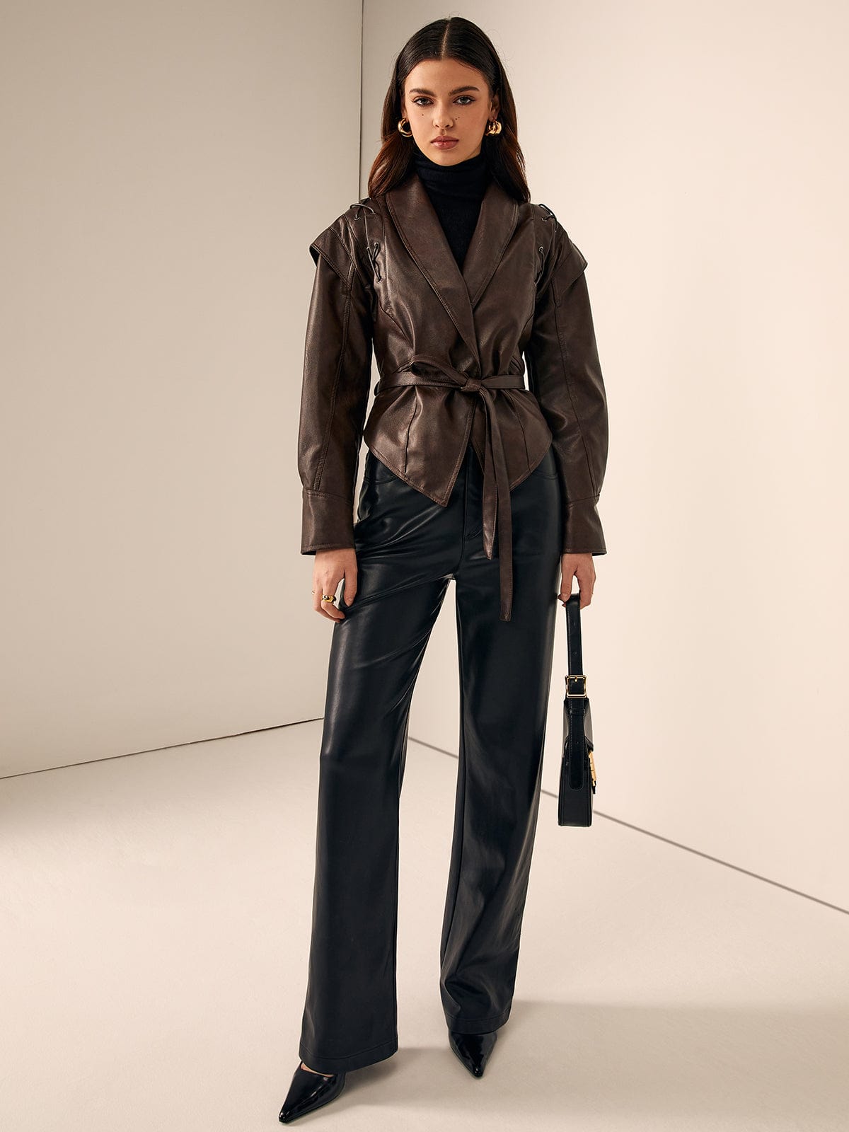 Jolene | Hooded Lace-Up Faux Leather Jacket for Winter