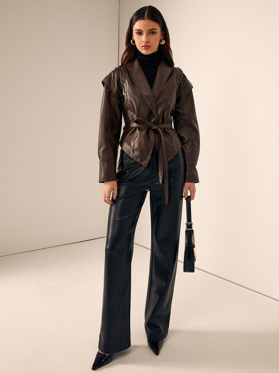 Jolene | Hooded Lace-Up Faux Leather Jacket for Winter