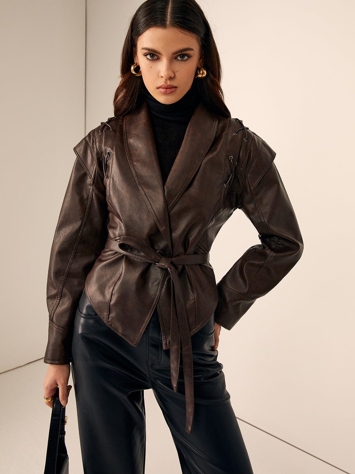Jolene | Hooded Lace-Up Faux Leather Jacket for Winter