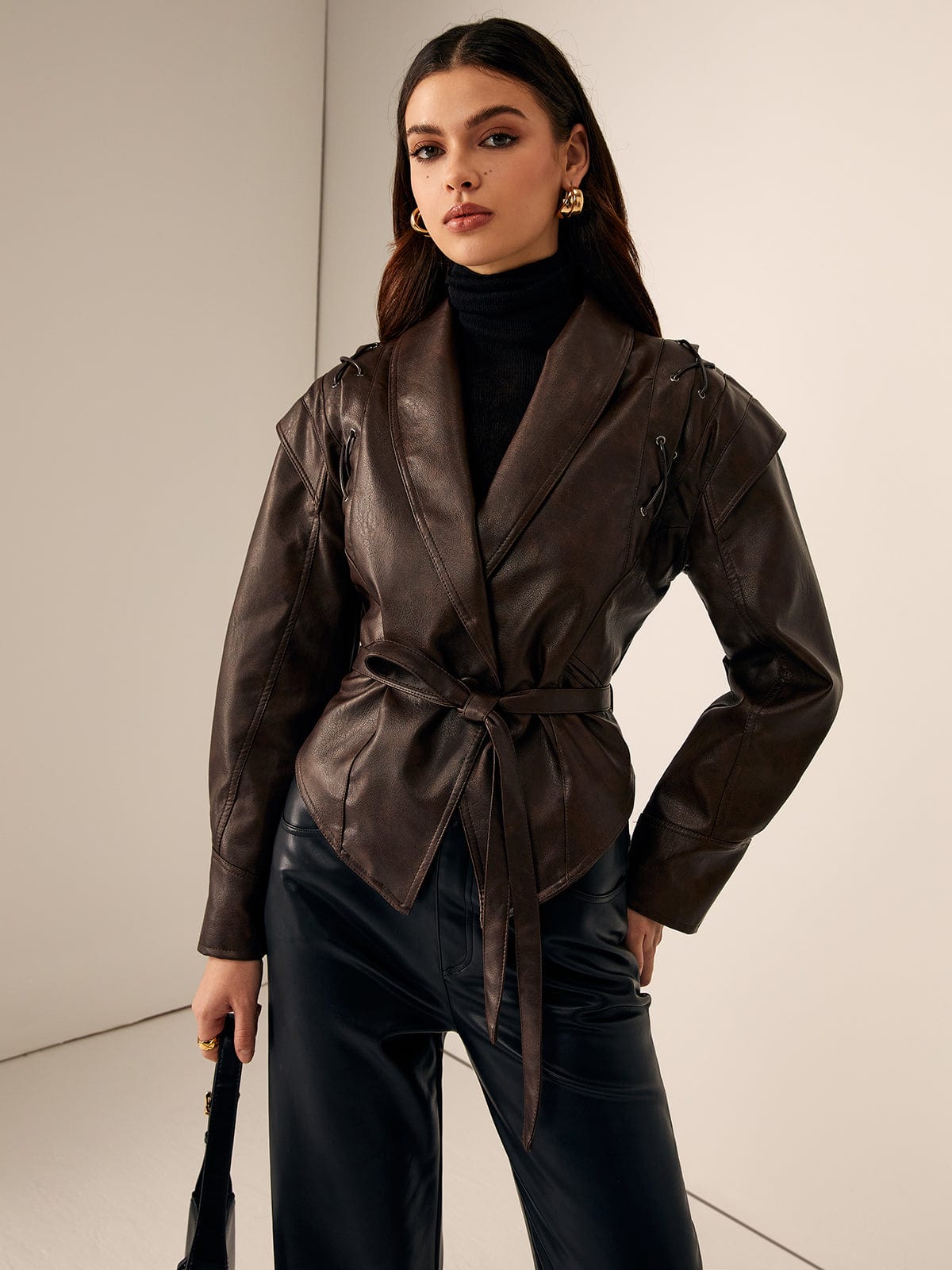 Jolene | Hooded Lace-Up Faux Leather Jacket for Winter