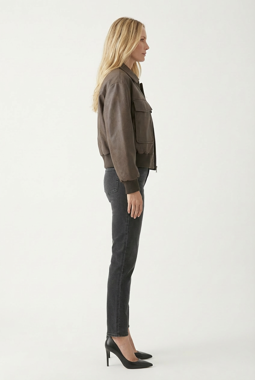 Harriet | Cropped Chest-Pocket Bomber Faux Leather Jacket for Winter