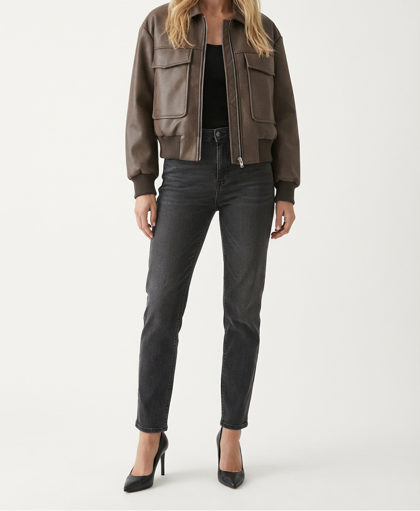 Harriet | Cropped Chest-Pocket Bomber Faux Leather Jacket for Winter