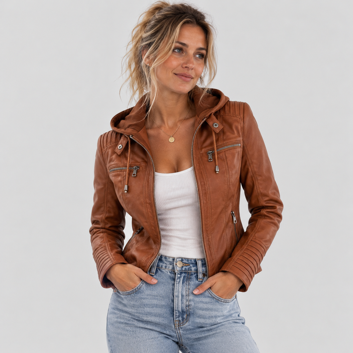 Harlow | Removable-Hood Biker Faux Leather Jacket for Winter