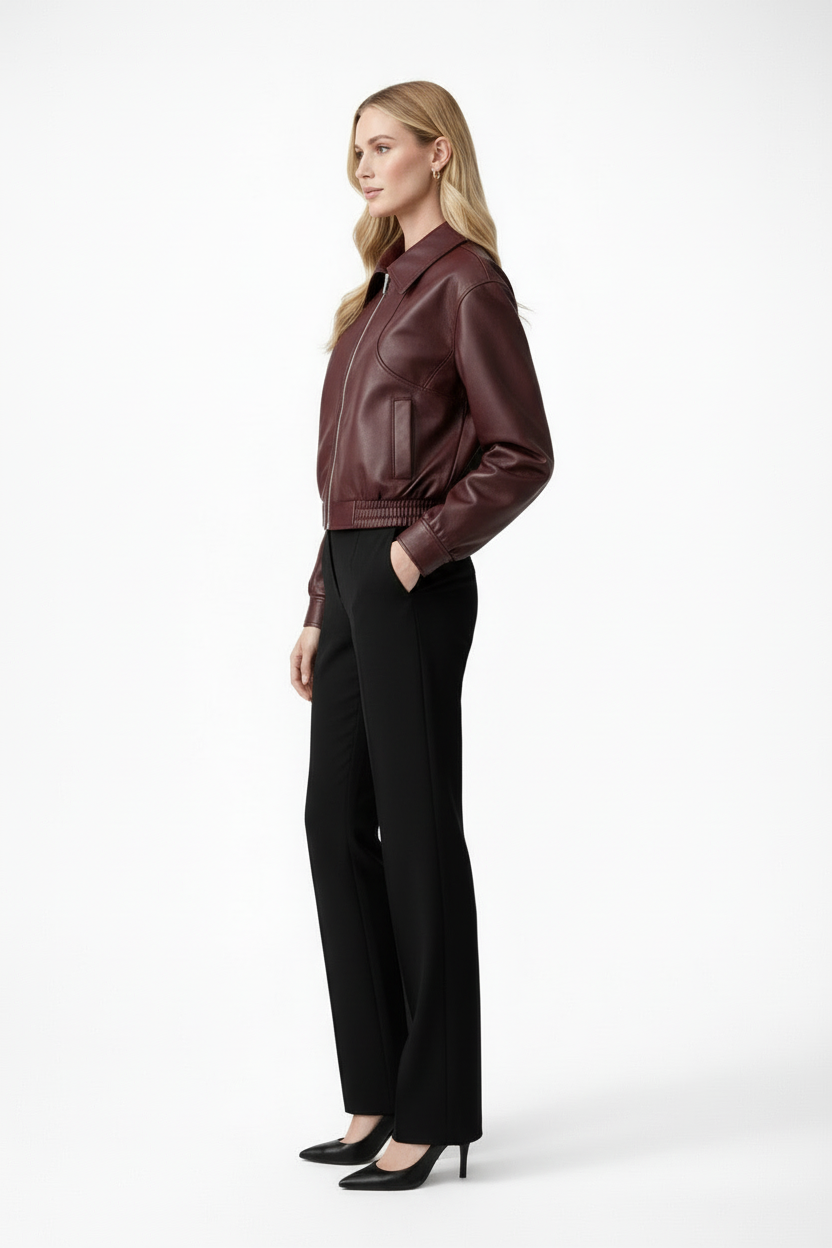 Wren | Cropped Elasticated-Hem Bomber Faux Leather Jacket for Winter