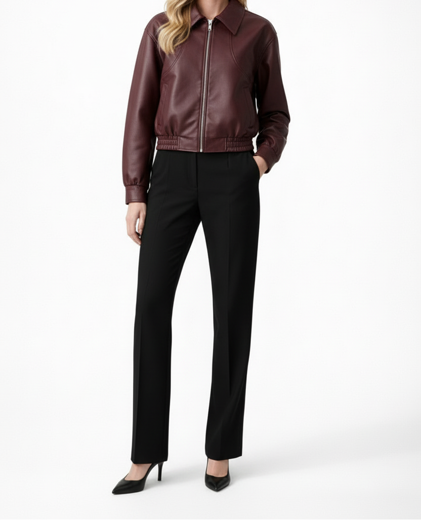 Wren | Cropped Elasticated-Hem Bomber Faux Leather Jacket for Winter