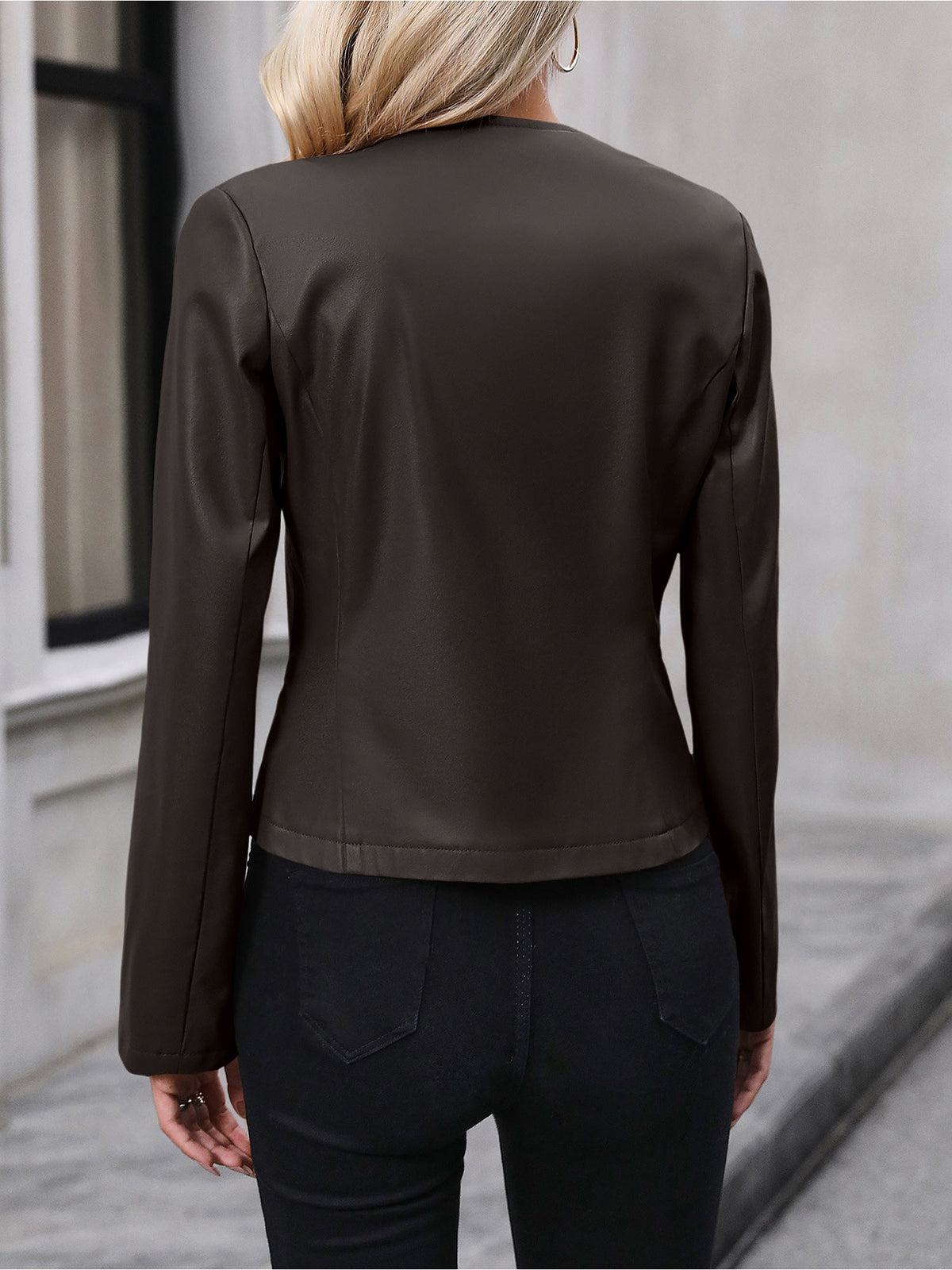 Faye | Round-Neck Cropped Faux Leather Jacket for Winter