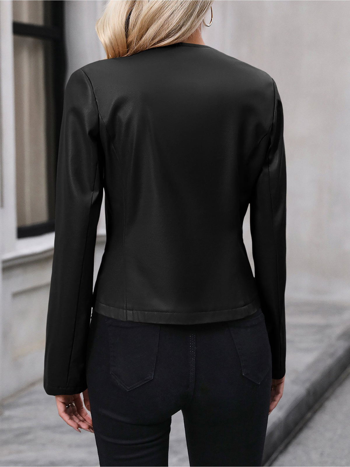 Faye | Round-Neck Cropped Faux Leather Jacket for Winter