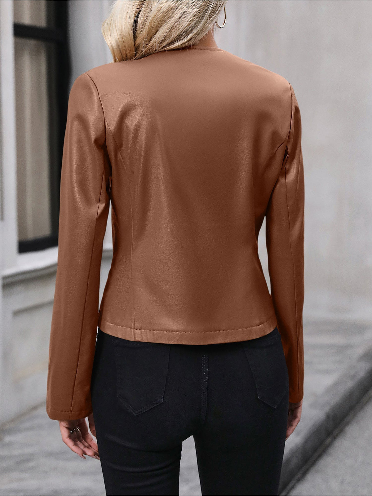 Faye | Round-Neck Cropped Faux Leather Jacket for Winter
