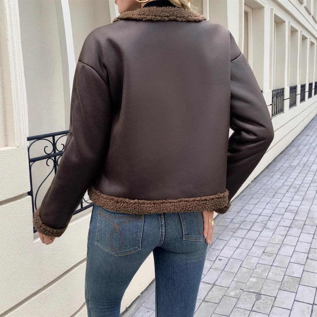 Nova | Sherpa-Trim Gold-Button Faux Leather Jacket for Winter