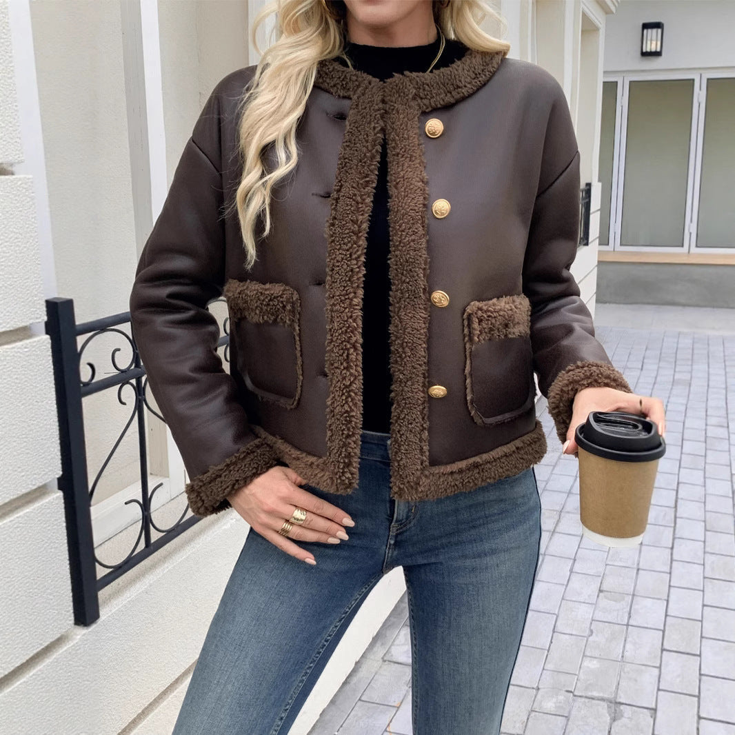 Nova | Sherpa-Trim Gold-Button Faux Leather Jacket for Winter