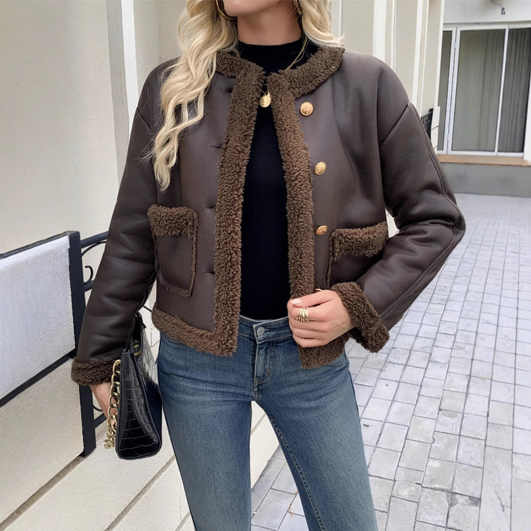 Nova | Sherpa-Trim Gold-Button Faux Leather Jacket for Winter
