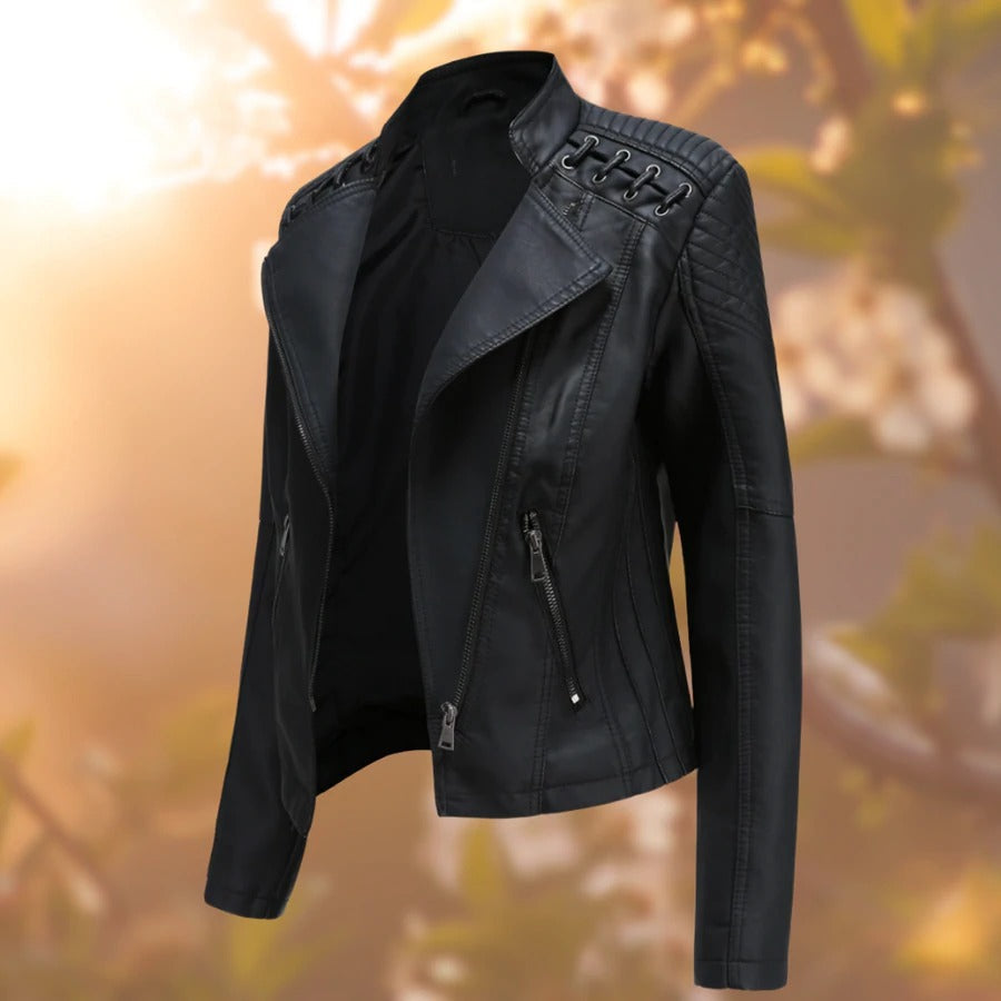 Ivy | Lace-Up Shoulder Biker Faux Leather Jacket for Winter