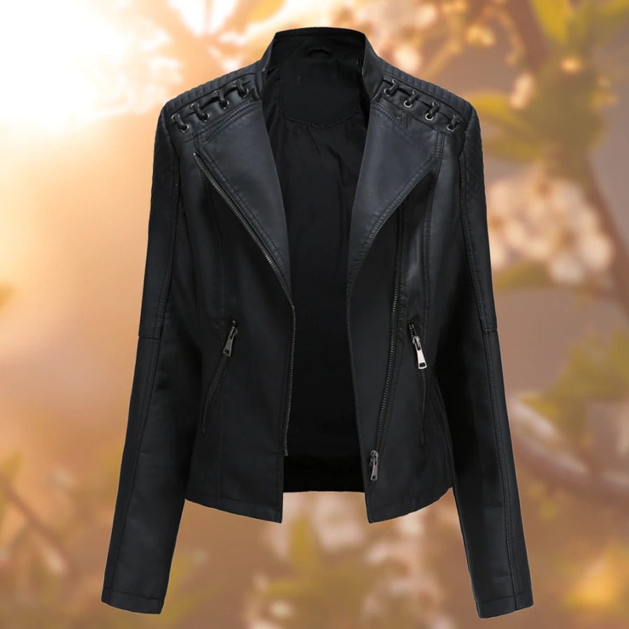Ivy | Lace-Up Shoulder Biker Faux Leather Jacket for Winter