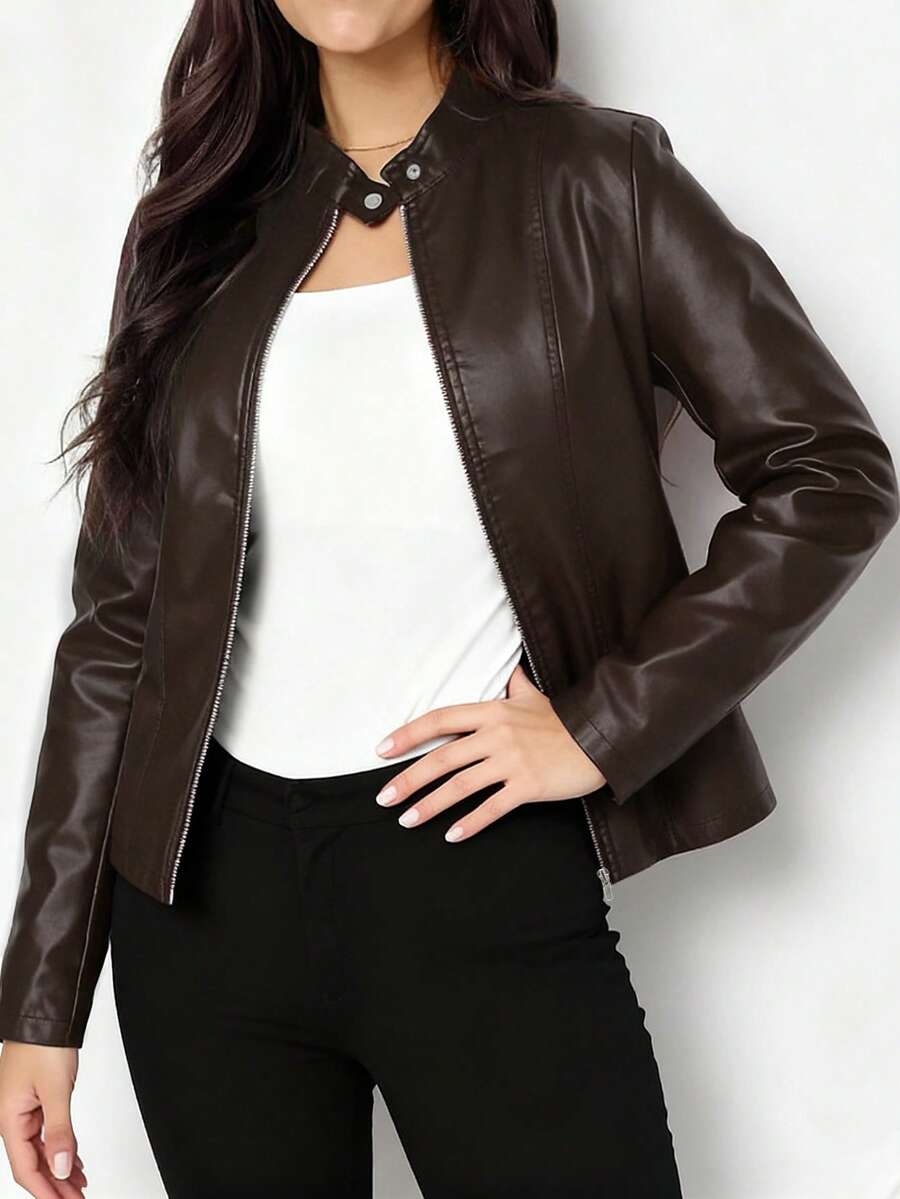 Vienna | Stand-Collar Fitted Biker Faux Leather Jacket for Winter