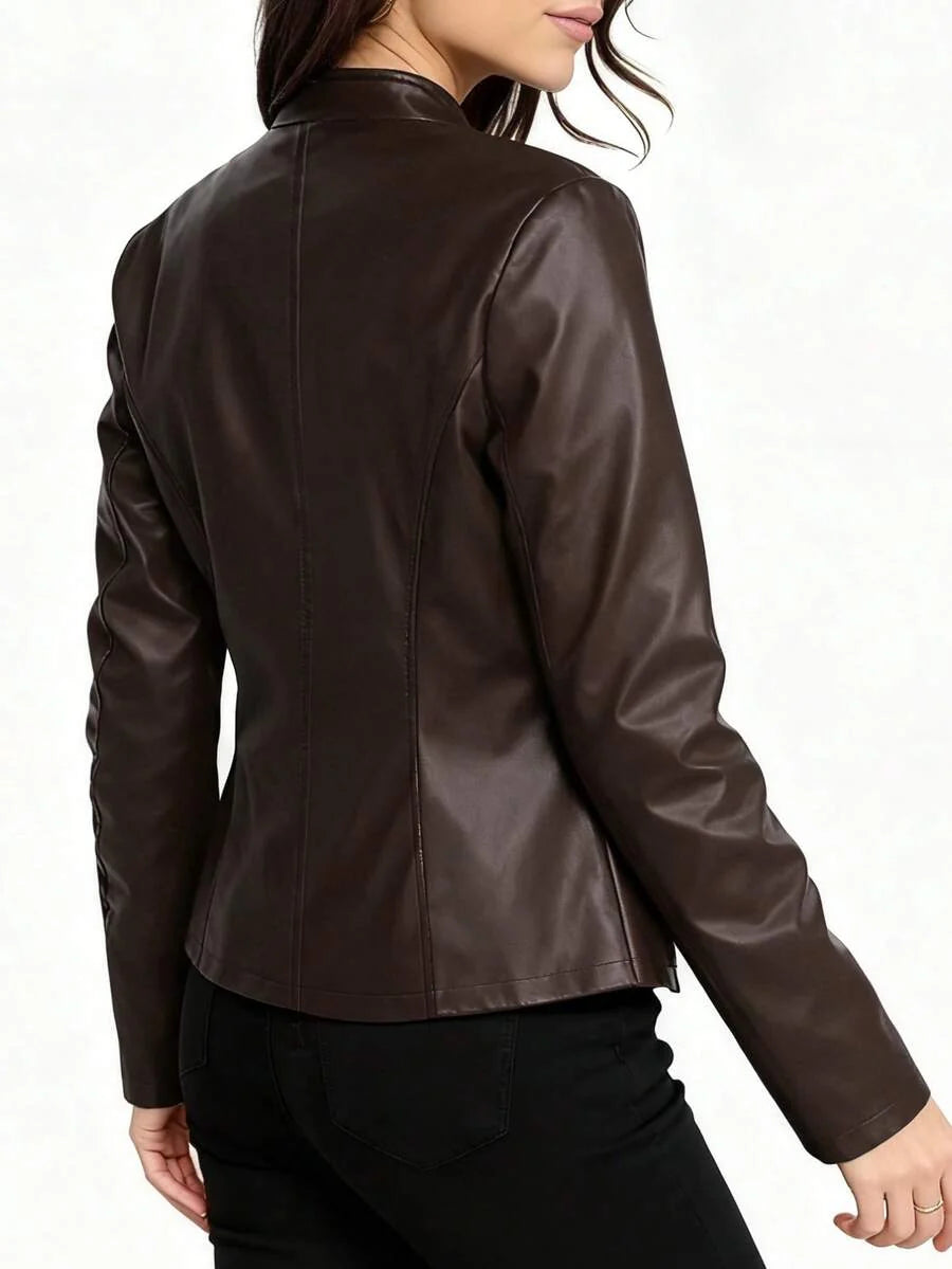 Vienna | Stand-Collar Fitted Biker Faux Leather Jacket for Winter