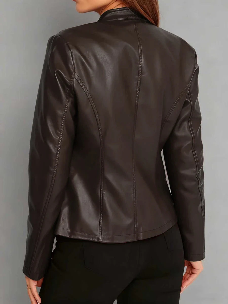 Vienna | Stand-Collar Fitted Biker Faux Leather Jacket for Winter