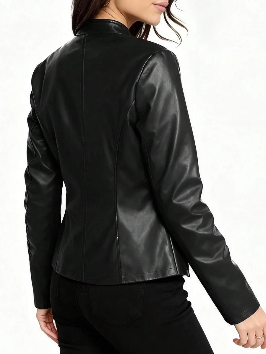 Vienna | Stand-Collar Fitted Biker Faux Leather Jacket for Winter