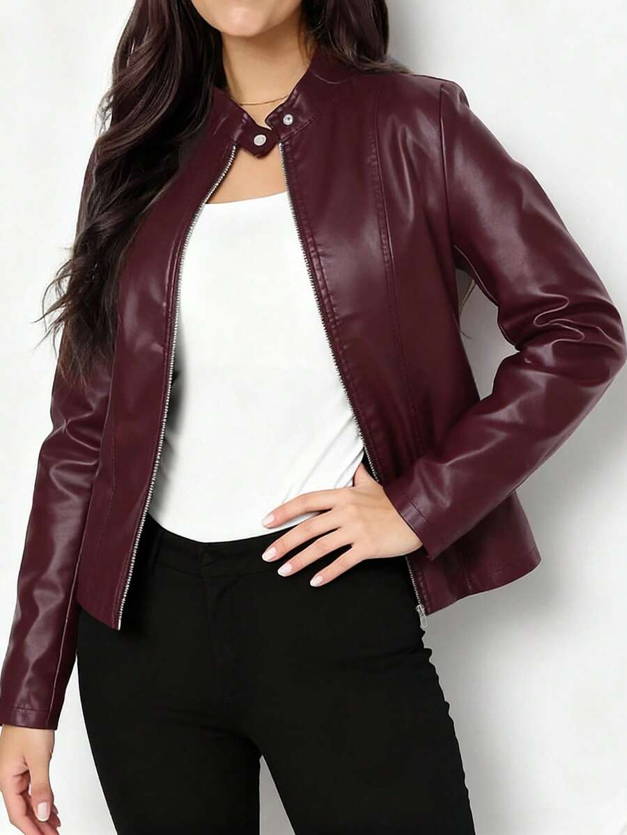 Vienna | Stand-Collar Fitted Biker Faux Leather Jacket for Winter
