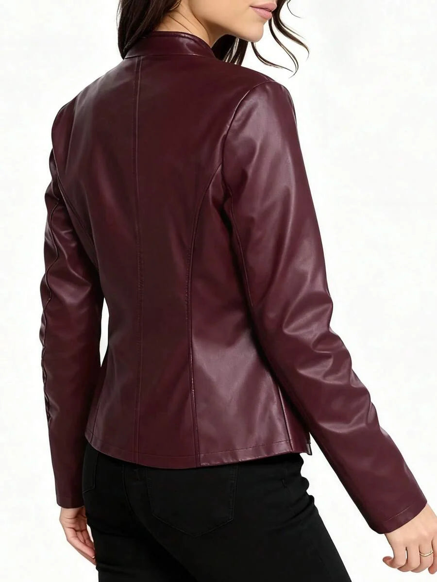 Vienna | Stand-Collar Fitted Biker Faux Leather Jacket for Winter