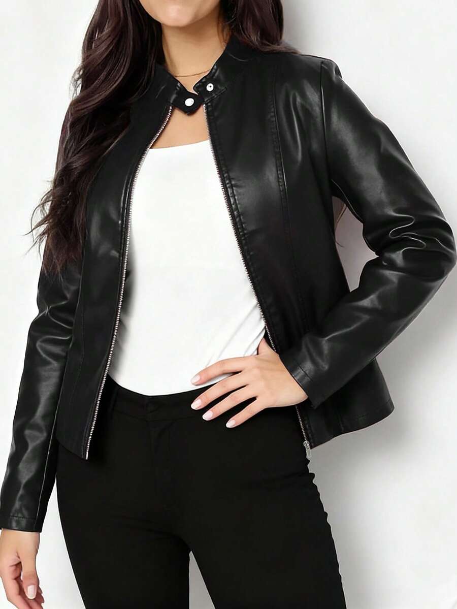 Vienna | Stand-Collar Fitted Biker Faux Leather Jacket for Winter