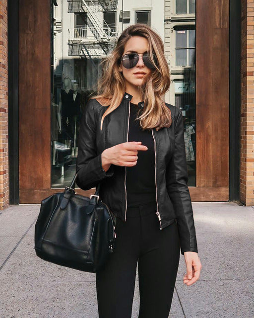 Sabrina | Collarless Fitted Faux Leather Jacket for Winter