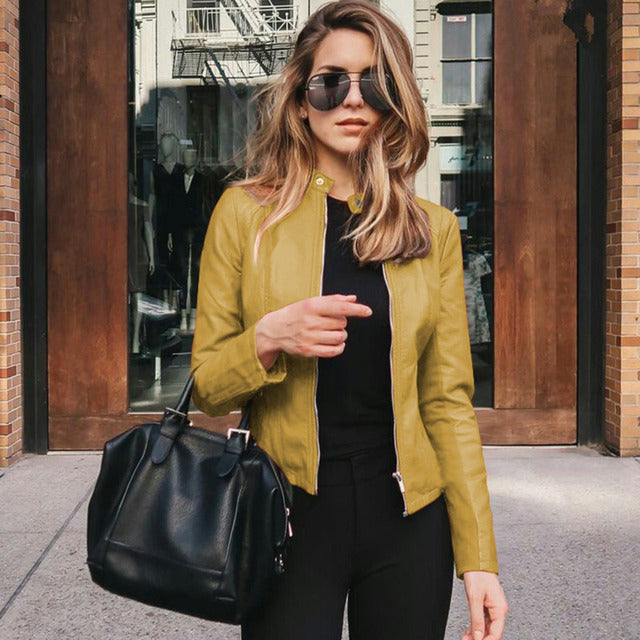 Sabrina | Collarless Fitted Faux Leather Jacket for Winter
