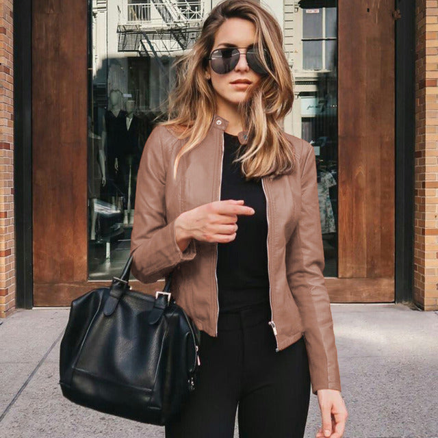 Sabrina | Collarless Fitted Faux Leather Jacket for Winter