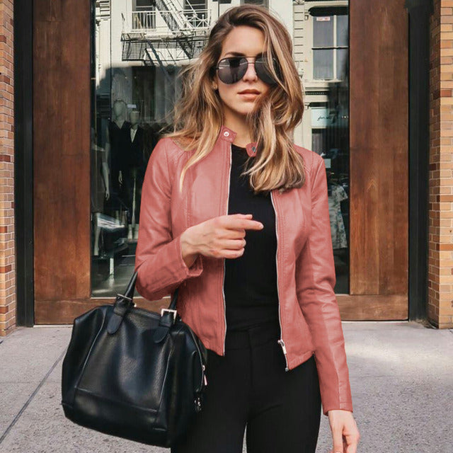 Sabrina | Collarless Fitted Faux Leather Jacket for Winter