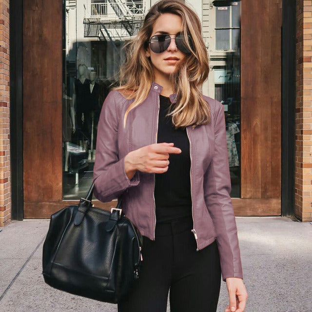 Sabrina | Collarless Fitted Faux Leather Jacket for Winter