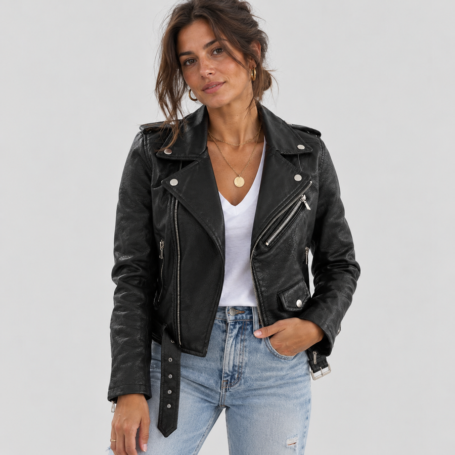 Kinsley | Asymmetric-Zip Belted Biker Faux Leather Jacket for Winter